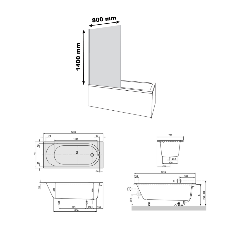 Schéma technique Baignoire droite VILLEROY & BOCH O.Novo 170 x 70 + Pare bain AURYS chromé