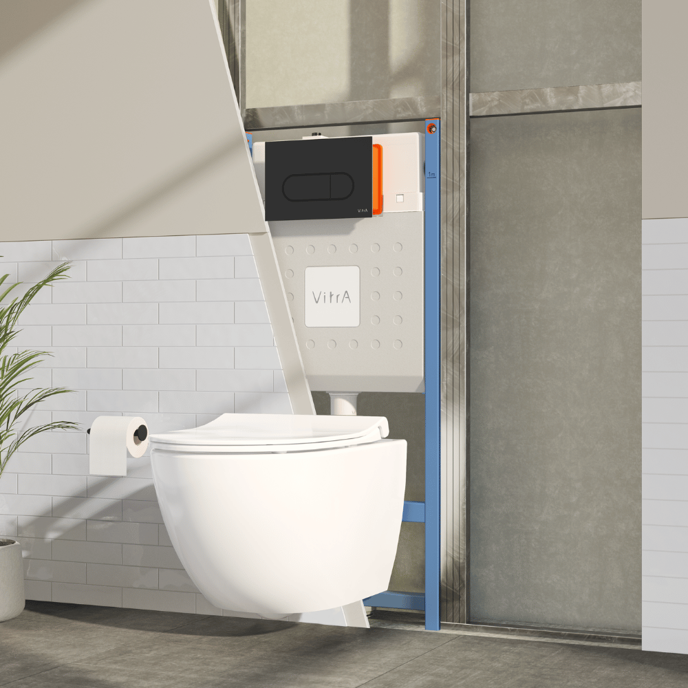 Pack WC suspendu compact VITRA Sento + bâti autoportant V-Fix Core + Plaque Round | Batinea
