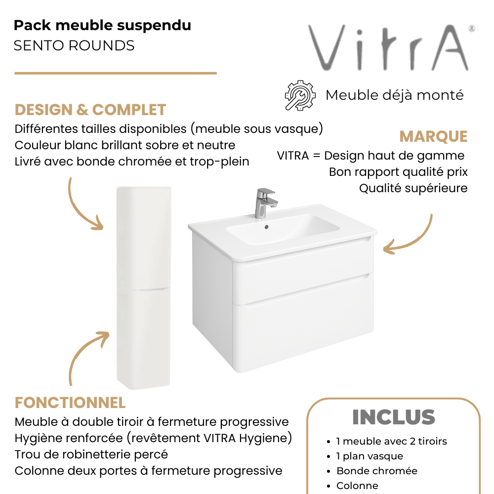avantages d'utiliser le meuble vasque suspendu VITRA Sento Round Blanc brillant + Colonne chêne version gauche