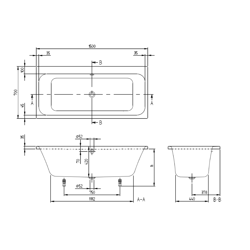 Schéma technique Baignoire droite VILLEROY & BOCH Architectura 150 x 70