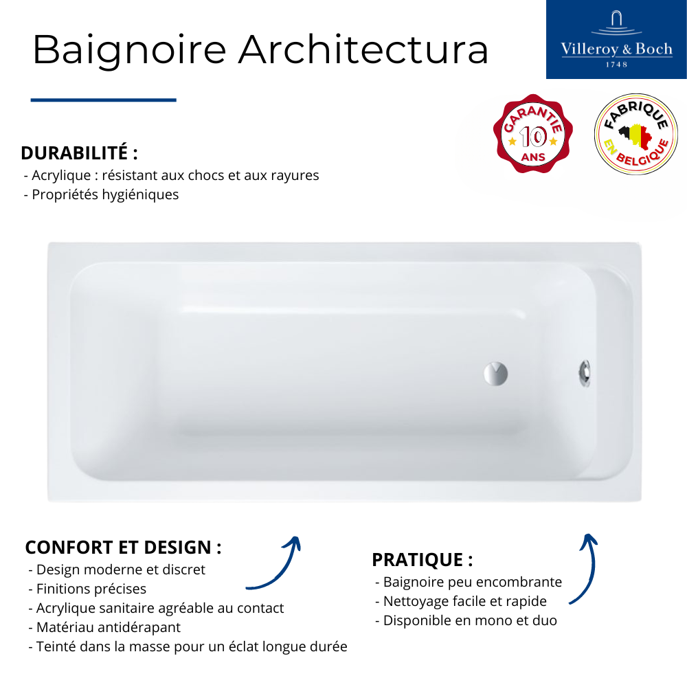 Points forts Baignoire droite VILLEROY & BOCH Architectura acrylique 1 personne