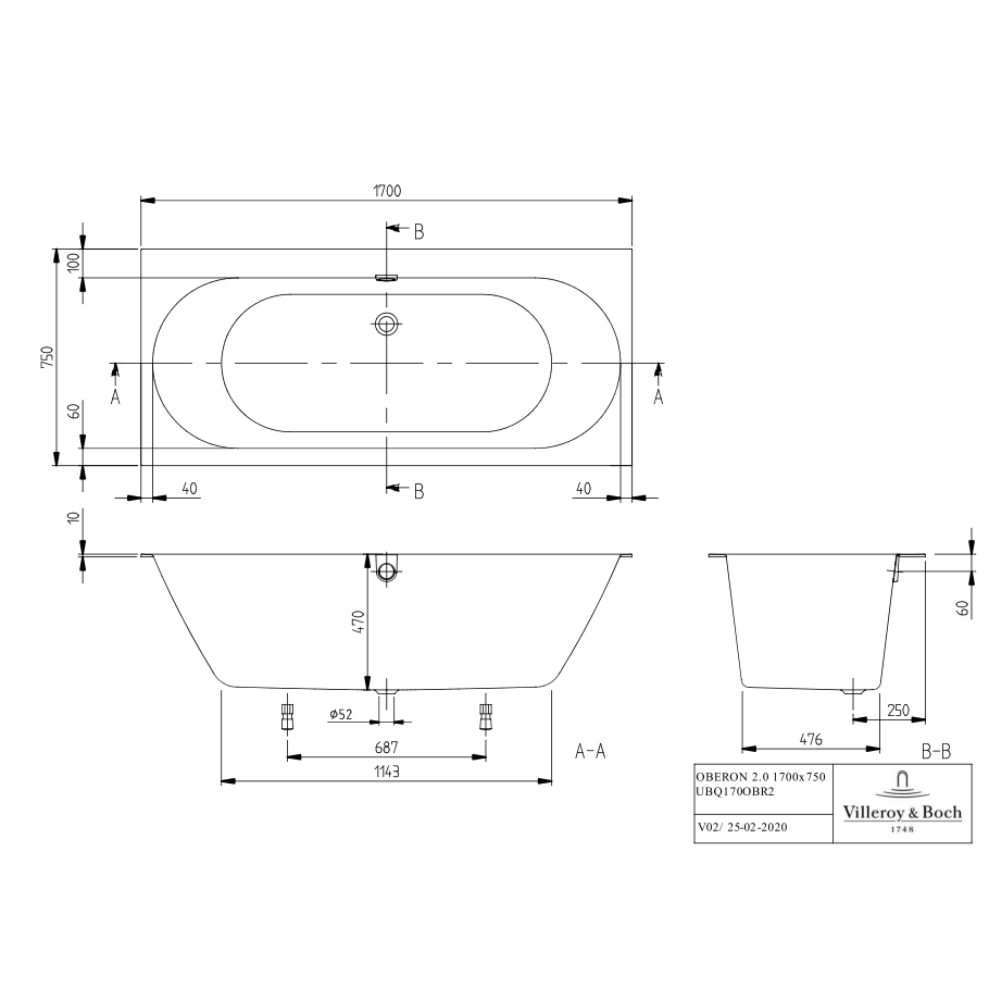 Schéma technique Baignoire droite VILLEROY ET BOCH Oberon 2.0 quaryl 170 x 75