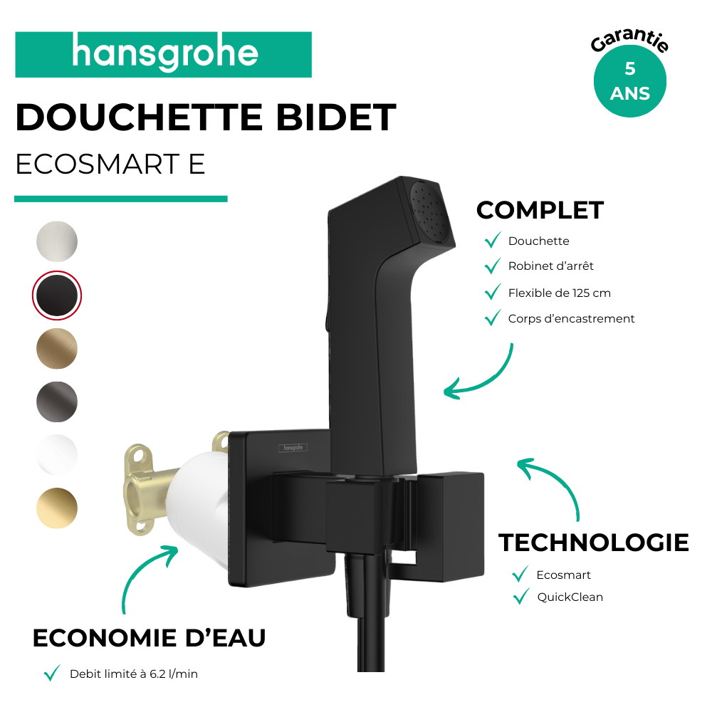 Avantages Douchette WC HANSGROHE EcoSmart E avec robinet d'arret et corps d'encastrement