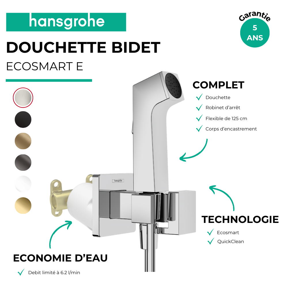 Avantages Douchette WC HANSGROHE EcoSmart E avec robinet d'arret et corps d'encastrement