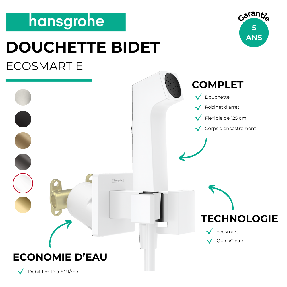 Avantages Douchette WC HANSGROHE EcoSmart E avec robinet d'arret et corps d'encastrement