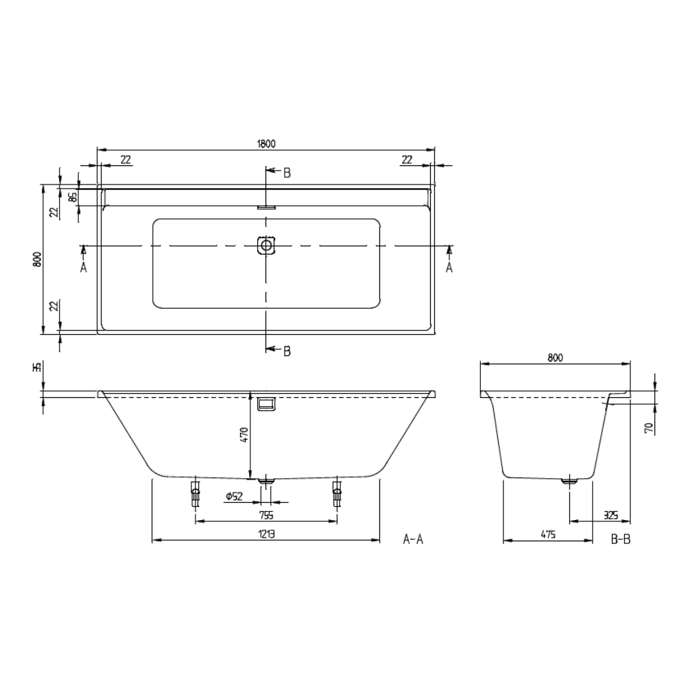 Schéma technique - Baignoire droite VILLEROY ET BOCH Collaro 180 x 80