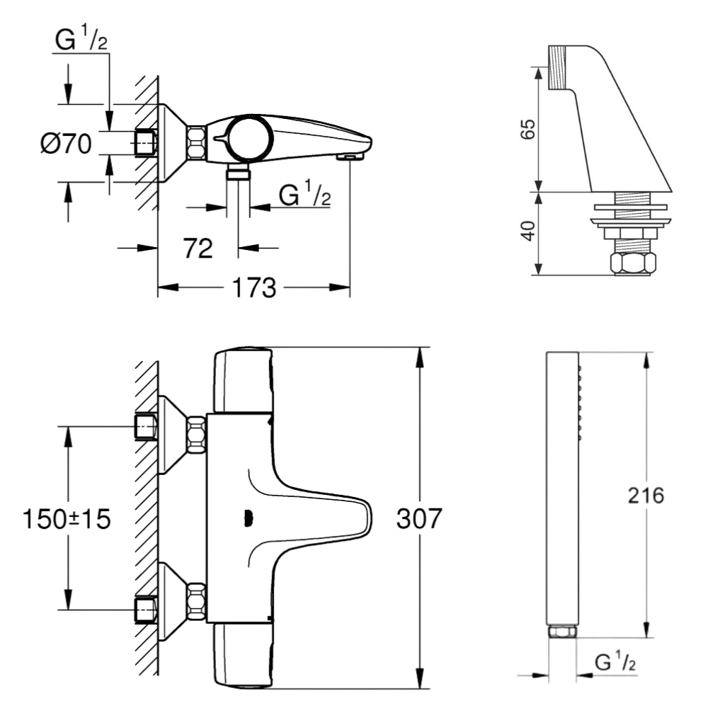 Pack mitigeur thermostatique GROHE Trend avec colonnettes + Douchette 1 jet Vitalio Get Stick + Flexible 1750 mm| Batinea