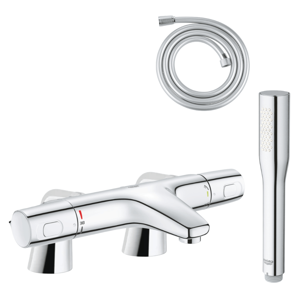 Pack mitigeur thermostatique GROHE Trend avec colonnettes + Douchette 1 jet Vitalio Get Stick + Flexible 1750 mm