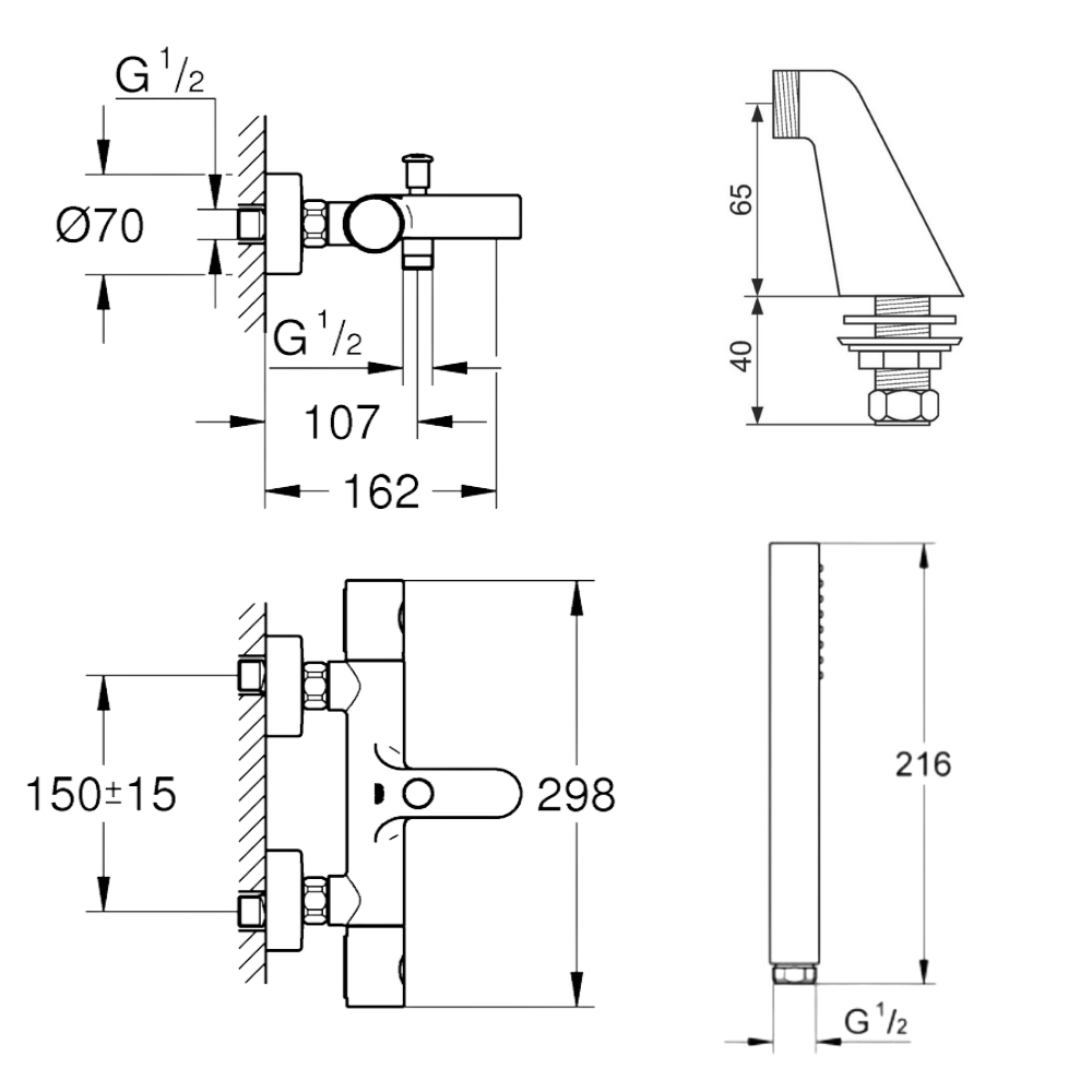 Pack mitigeur thermostatique GROHE Grohtherm 800 avec colonnettes + Douchette 1 jet Vitalio Get Stick + Flexible 1750 mm| Batine