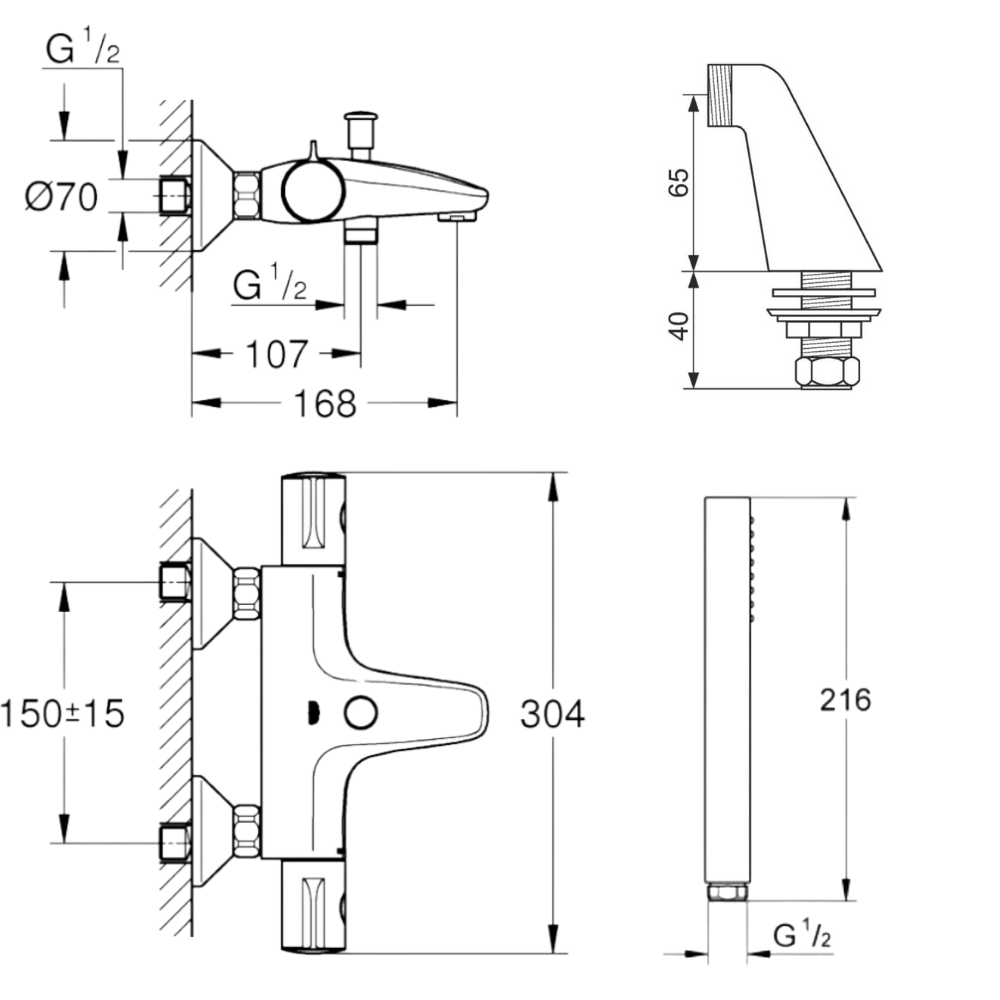 Pack mitigeur thermostatique BD GROHE Grohtherm 800 avec colonnettes + Douchette 1 jet Vitalio Get Stick + Flexible 1750 mm| Bat