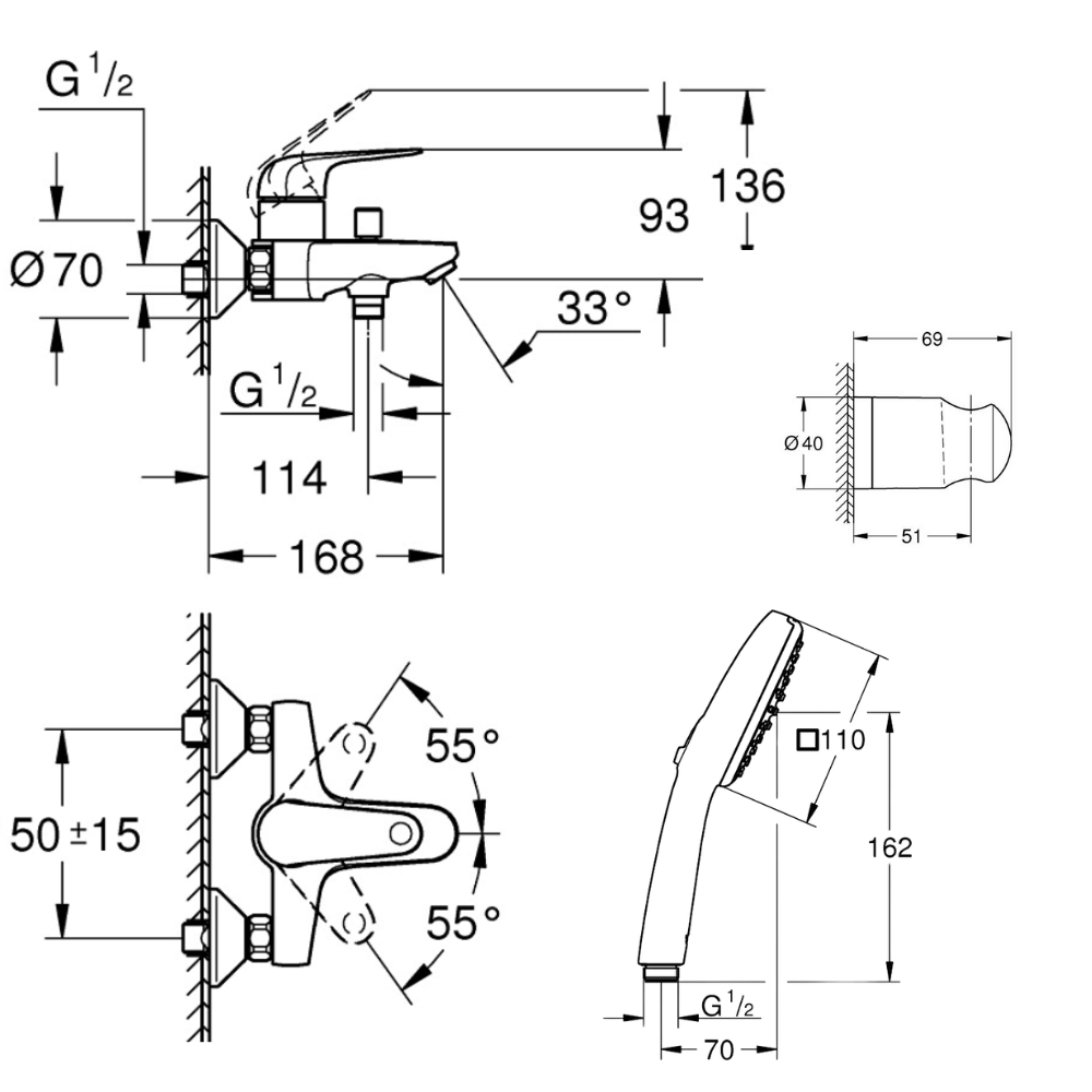 dimensions du Pack mitigeur mécanique GROHE Swift + Douchette 2 jets GROHE Vitalio Start 110 + Flexible1750 mm et support