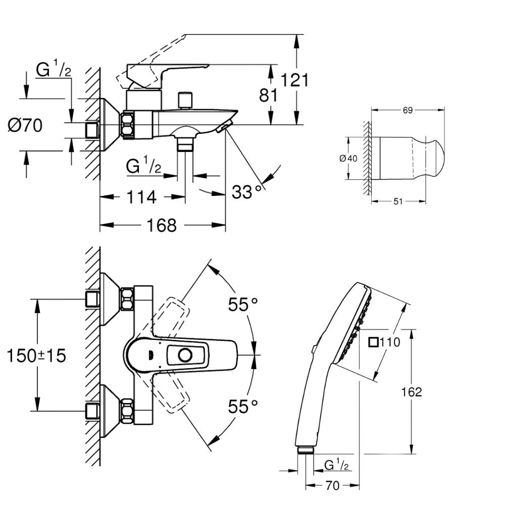 dimensions du pack mitigeur mécanique GROHE Start Loop + Douchette 2 jets GROHE Vitalio Comfort 110 + Flexible1750 mm et support