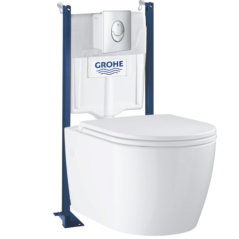 Pack WC suspendu sans bride GROHE Start Round Ceramic  + abattant frein de chute + Bâti-support mur + Plaque Rapid SL | Batinea