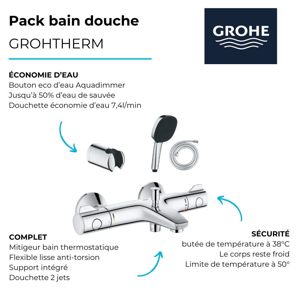 Pack mitigeur thermostatique GROHE Grotherm 800  + Douchette comfort 2 jets + Flexible1750 mm et support | Batinea
