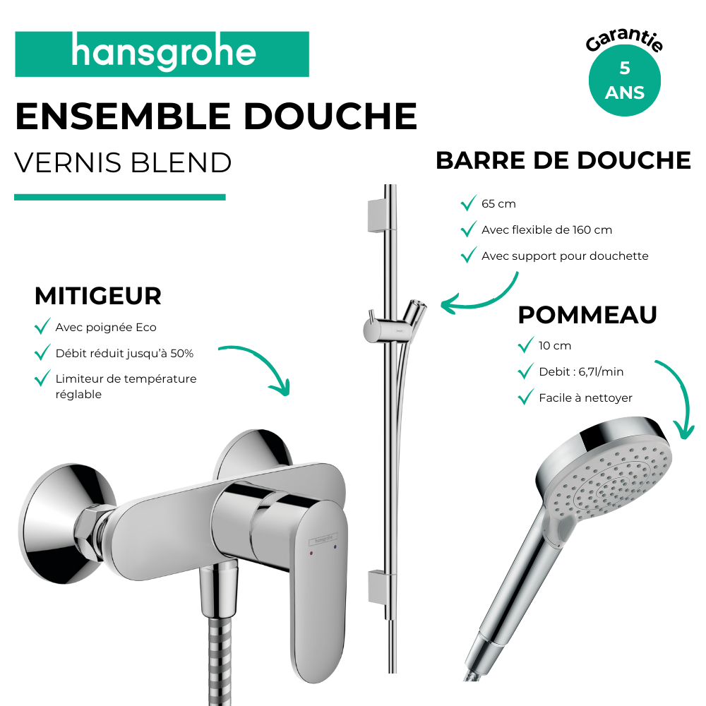 Pack mitigeur douche mécanique cartouche 2 vitesses HANSGROHE Vernis Blend + Barre Unica S Puro + flexible + Pommeau Vernis Blen