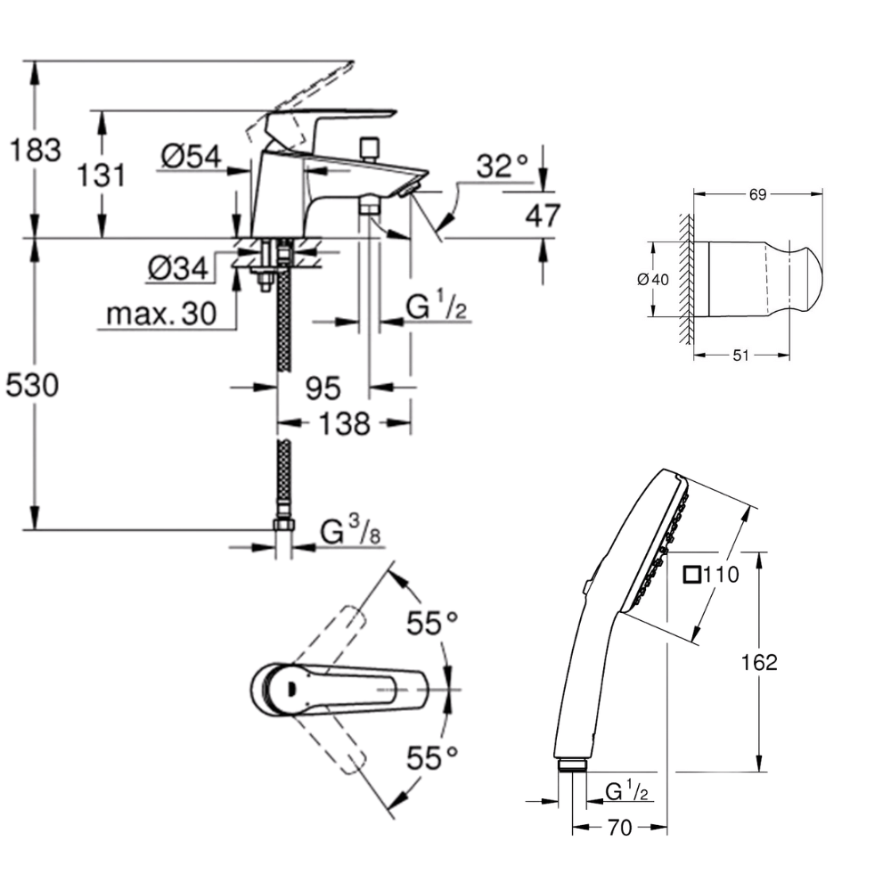 Pack mitigeur mécanique GROHE Quickfix Start 2021  + Douchette Comfort 2 jets + Flexible1750 mm et support | Batinea