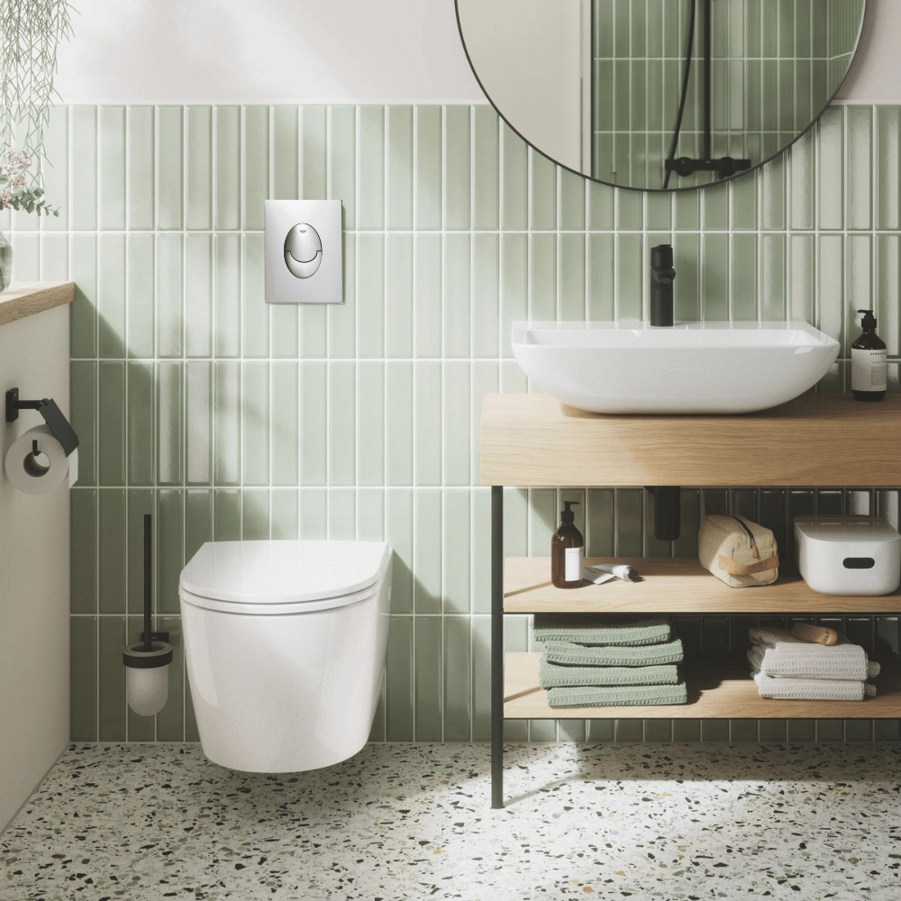 Pack WC suspendu sans bride GROHE Start Round Ceramic  + abattant frein de chute + Bâti-support autoportant + Plaque rapid SL |