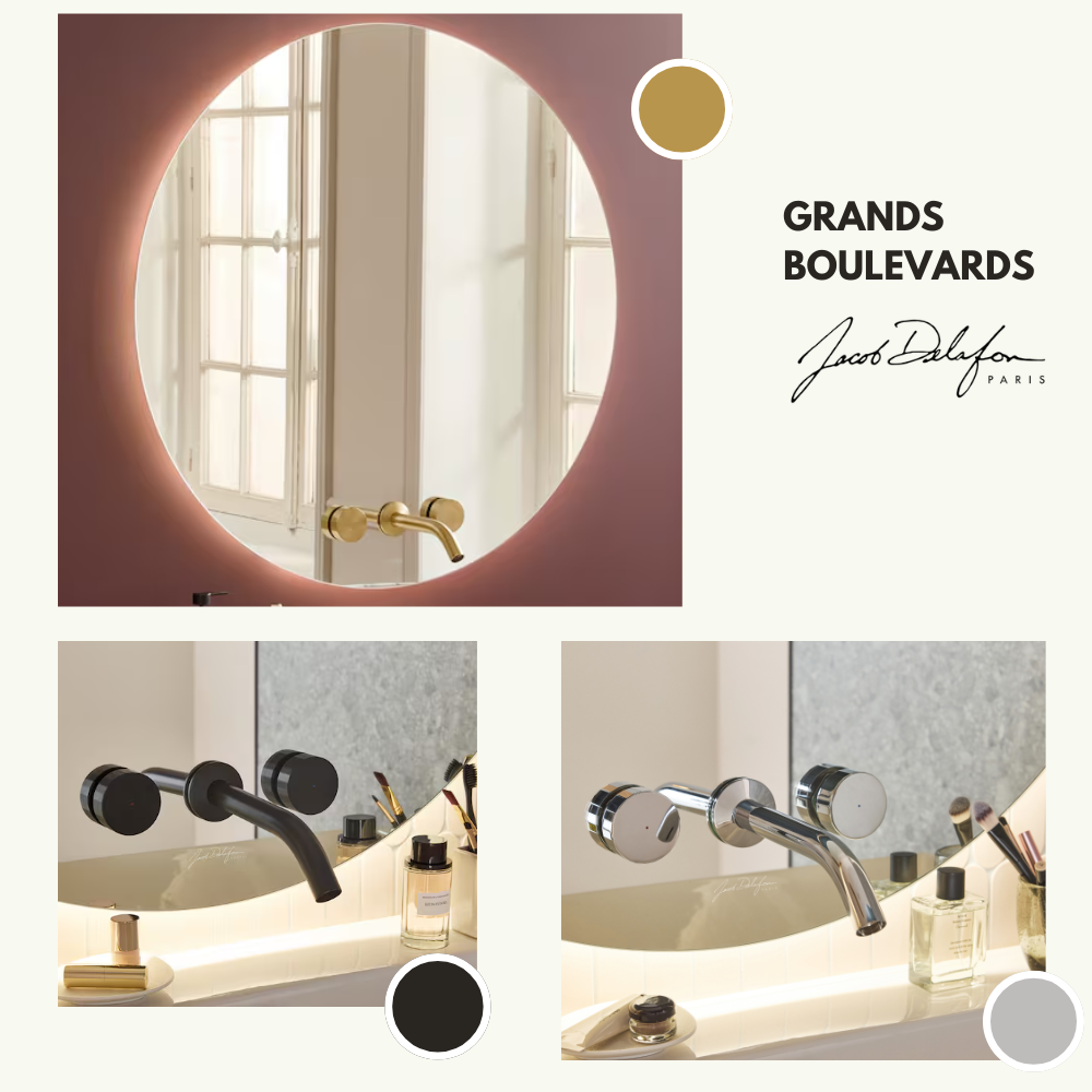 Miroir LED rond 3 trous + mitigeur lavabo encastré JACOB DELAFON Grands Boulevards
