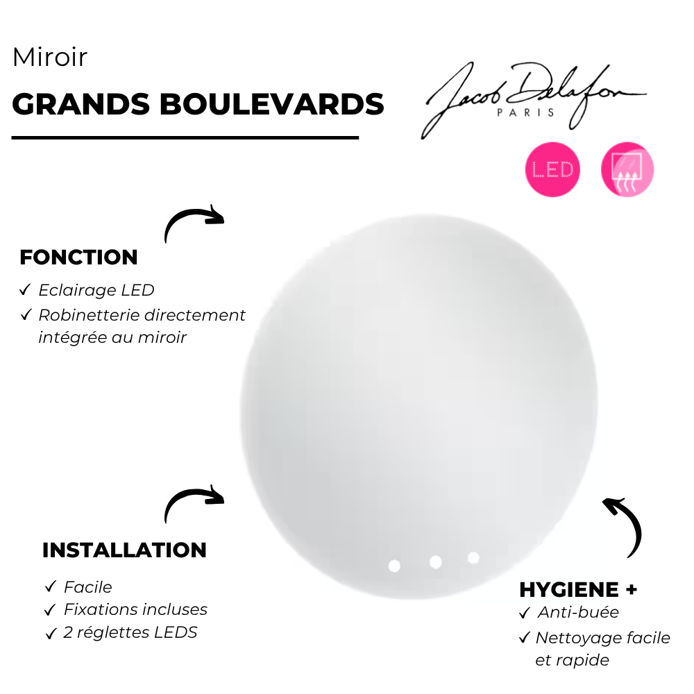 Miroir LED rond 3 trous + mitigeur lavabo encastré JACOB DELAFON Grands Boulevards