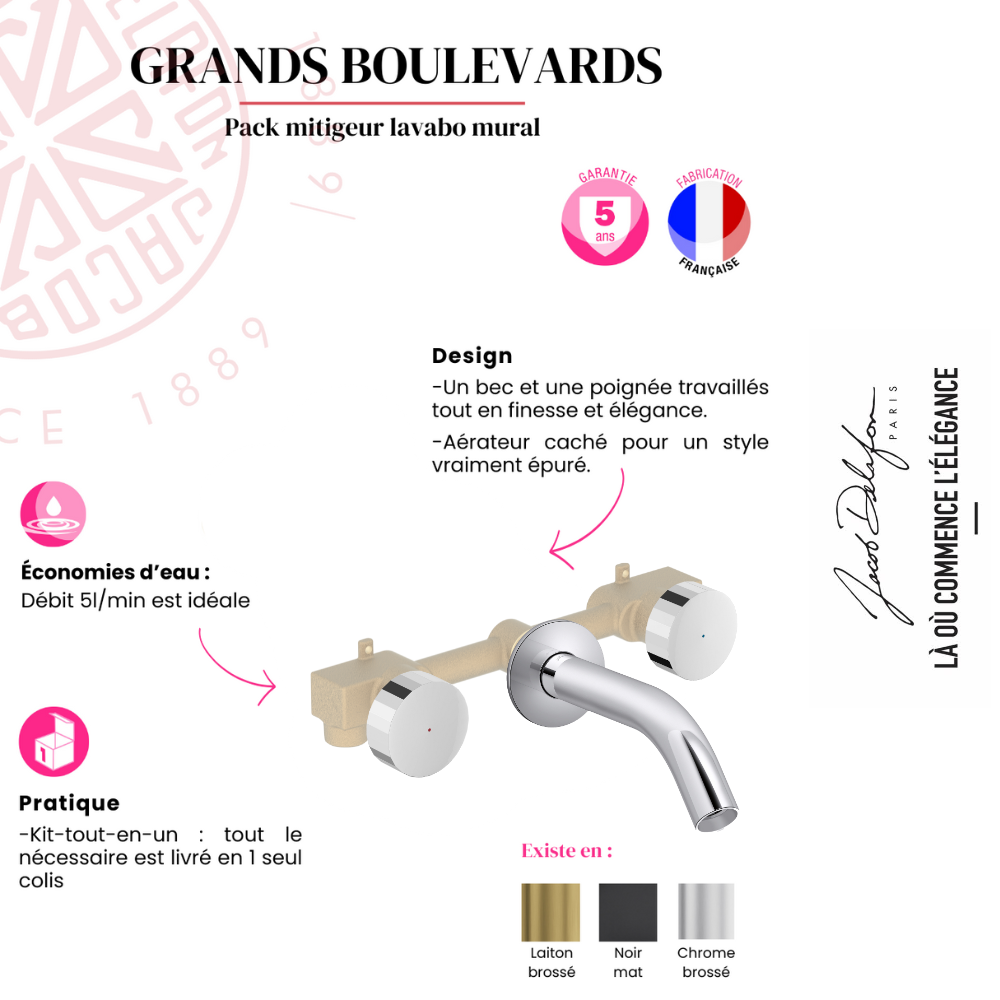 Miroir LED rond 3 trous + mitigeur lavabo encastré JACOB DELAFON Grands Boulevards
