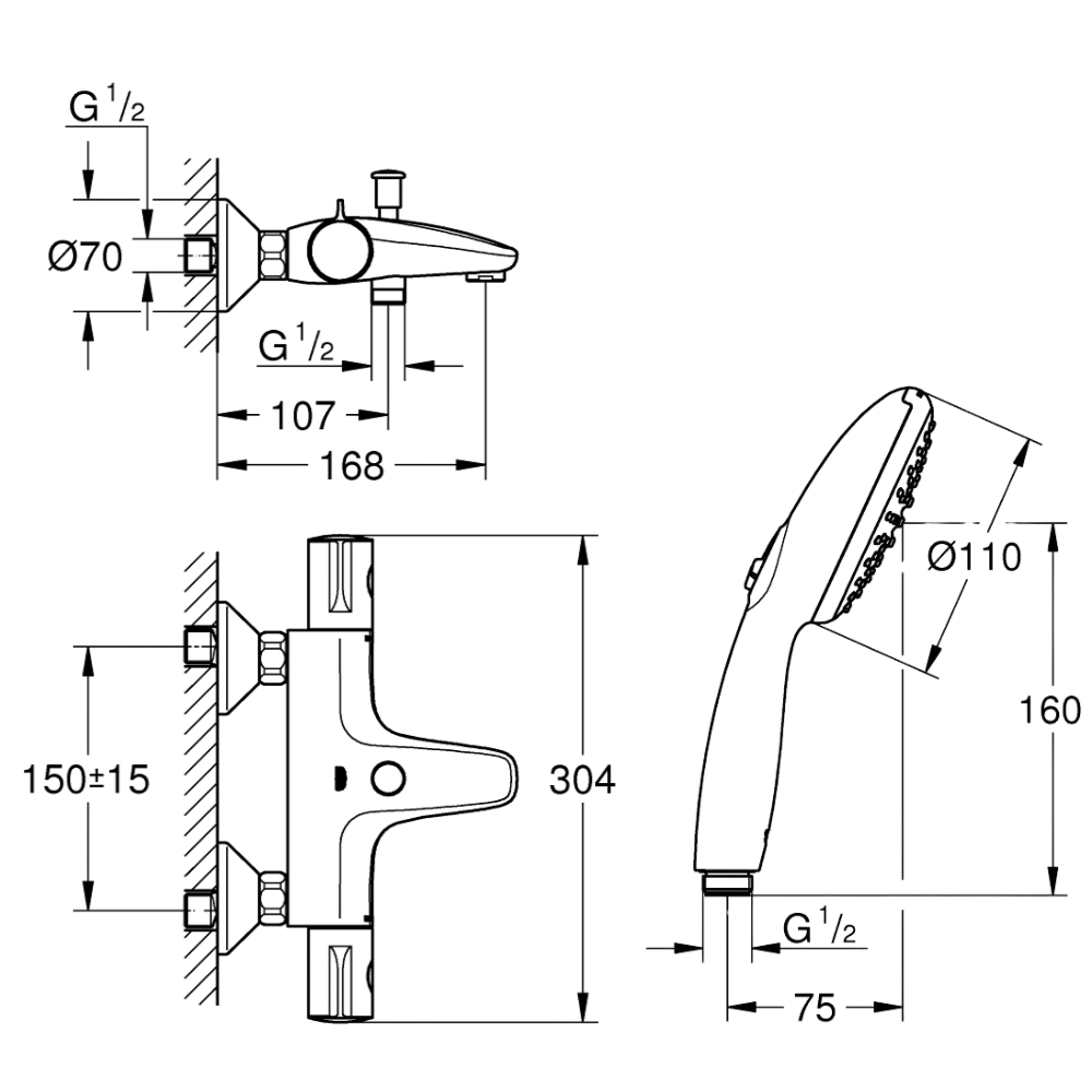 Pack mitigeur bain douche thermostatique GROHE Grohtherm 800 chromé + Douchette 2 jets Vitalio Start 110et flexible | Batinea