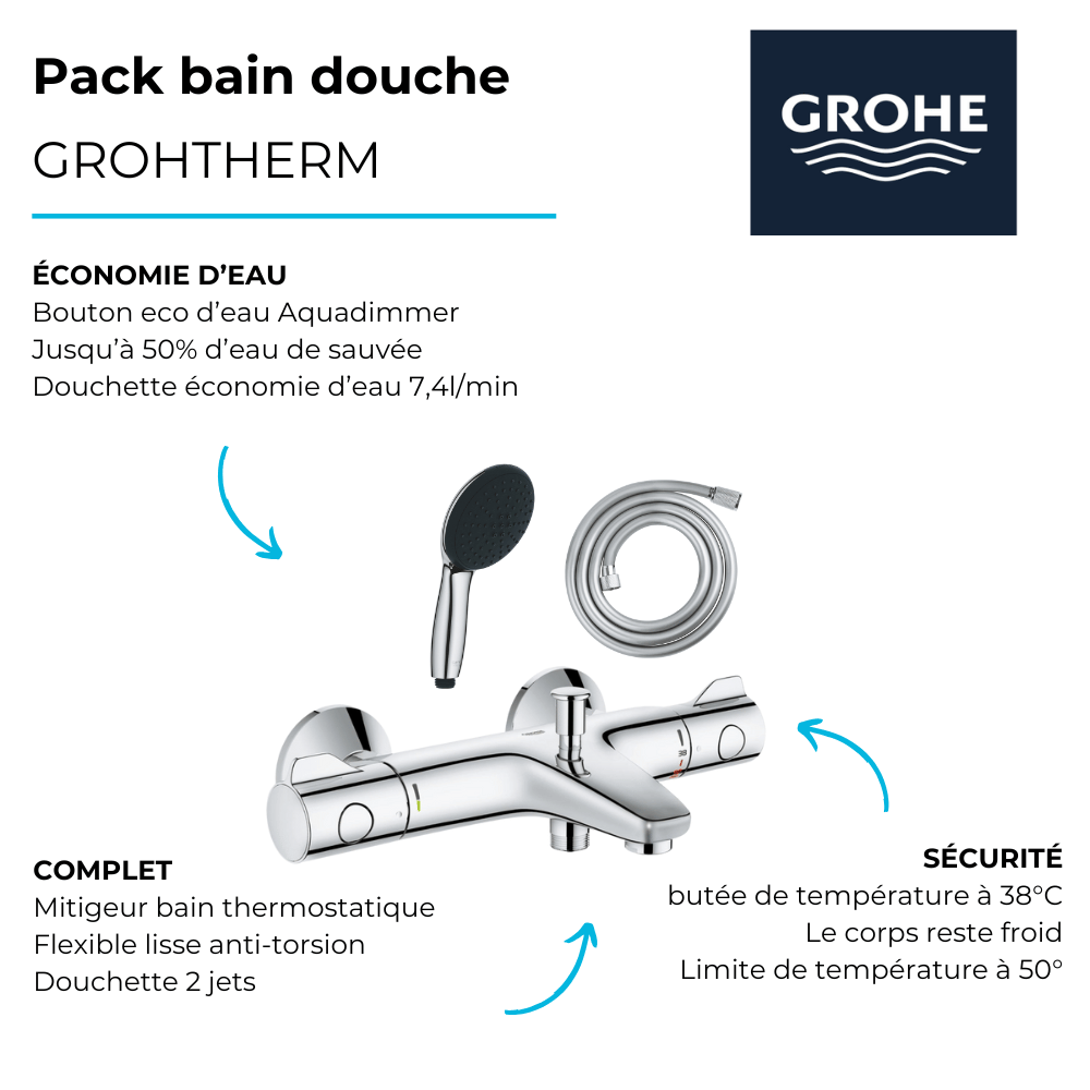 Pack mitigeur bain douche thermostatique GROHE Grohtherm 800 chromé + Douchette 2 jets Vitalio Start 110et flexible | Batinea