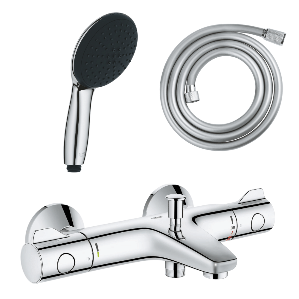 Pack mitigeur bain douche thermostatique GROHE Grohtherm 800 chromé + Douchette 2 jets Vitalio Start 110et flexible