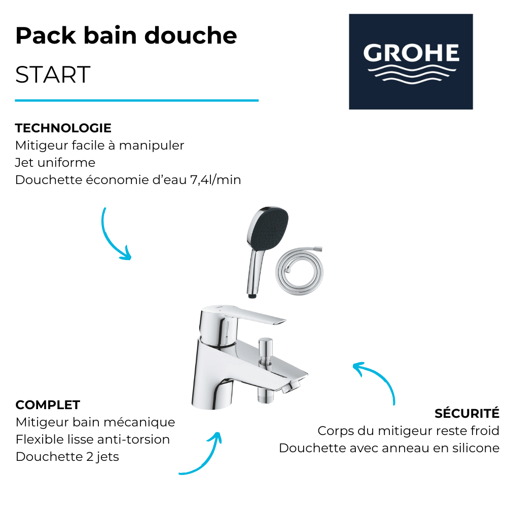 Pack mitigeur mécanique bain douche GROHE Start + Douchette 2 jets Vitalio Comf. 110 + Flexible | Batinea