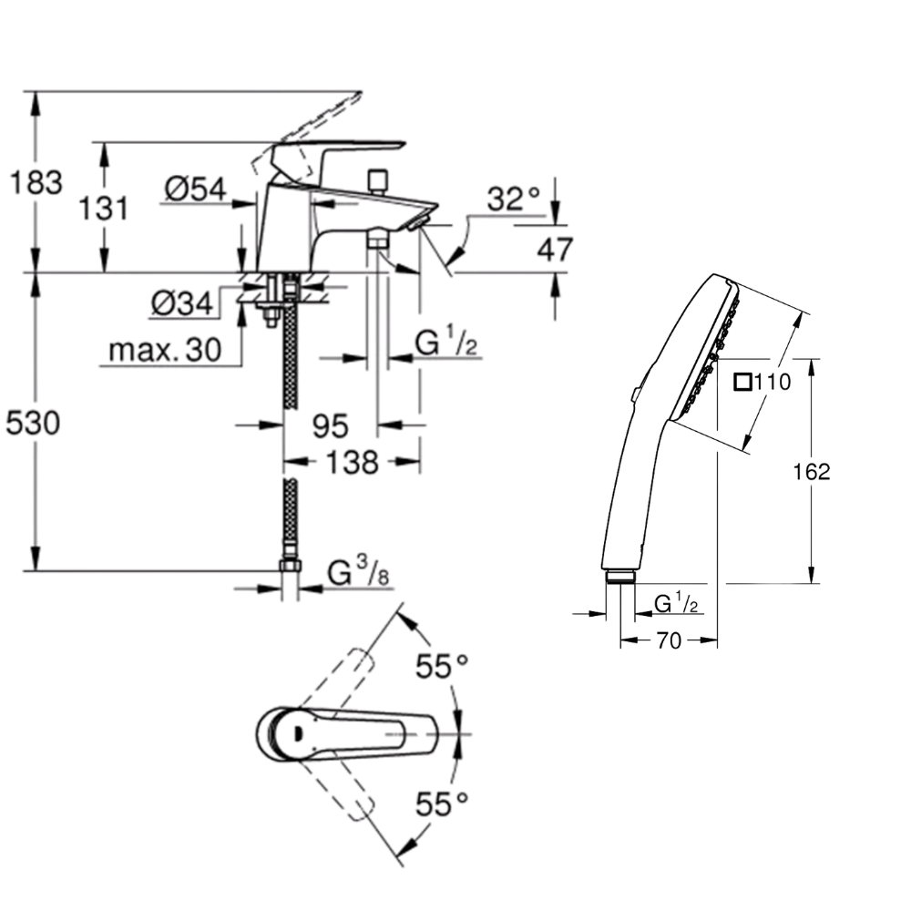 schéma technique du pack mitigeur mécanique bain douche GROHE Start + Douchette 2 jets Vitalio Comf. 110 + Flexible