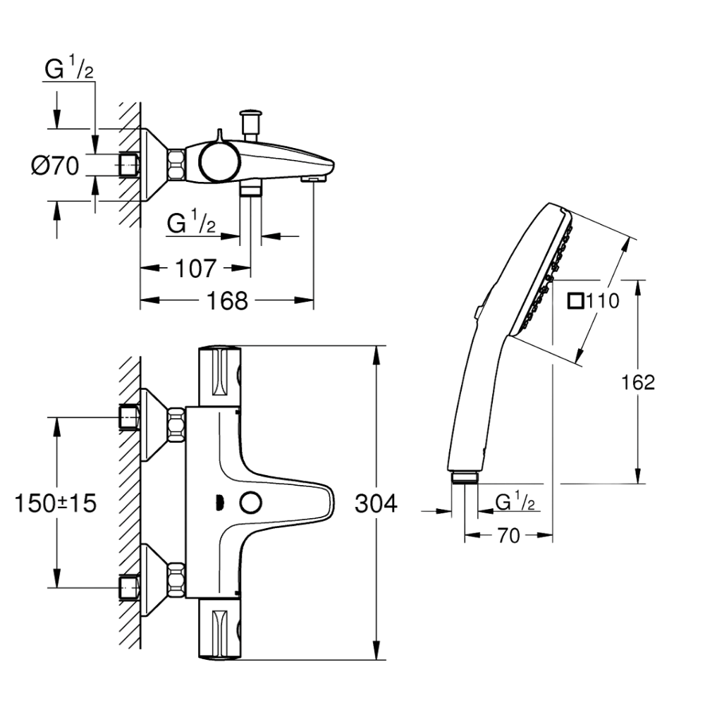Pack mitigeur bain thermostatique GROHE Grohtherm 800 + Douchette 2 jets Vitalio Comfort 110 + Flexible | Batinea