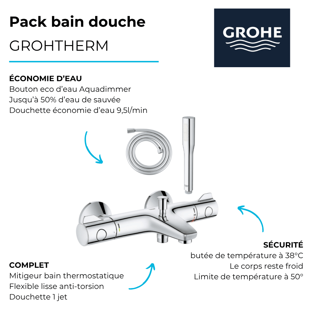 Pack mitigeur bain thermostatique GROHE Grohtherm 800 + Douchette 1 jet Vitalio Get Stick + Flexible | Batinea