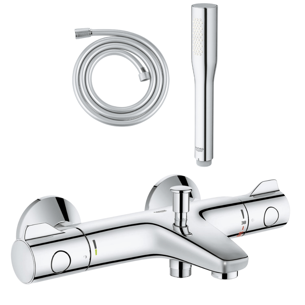 Pack mitigeur bain thermostatique GROHE Grohtherm 800 + Douchette 1 jet Vitalio Get Stick + Flexible
