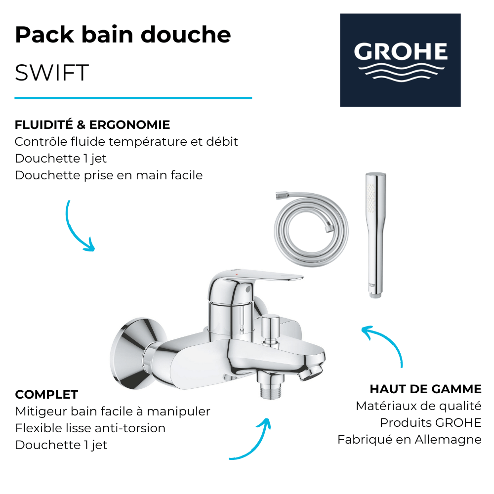 Pack mitigeur bain douche  GROHE Swift + Douchette 1 jet Vitalio Get Stick + Flexible | Batinea