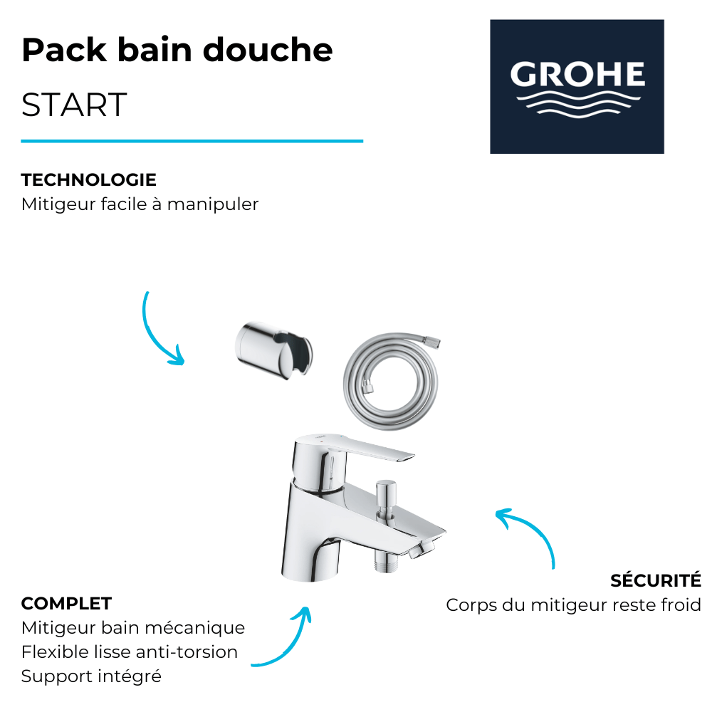 Pack mitigeur mécanique bain douche GROHE Start + Flexible douche VitalioFlex Comfort 1750 + Support mural | Batinea