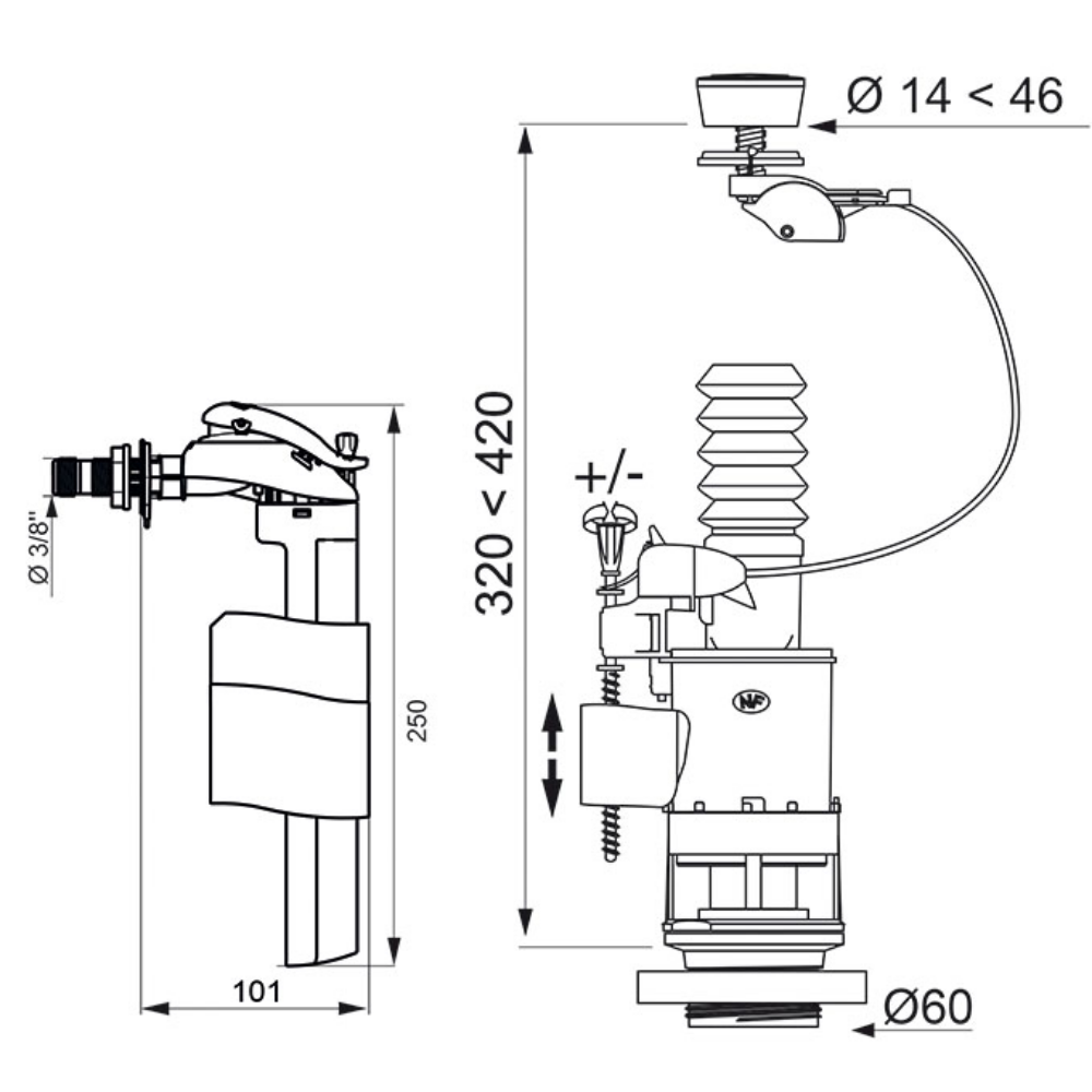 Schéma technique Mécanisme double chasse WIRQUIN à commande à câble MW² + robinet flotteur latéral F90