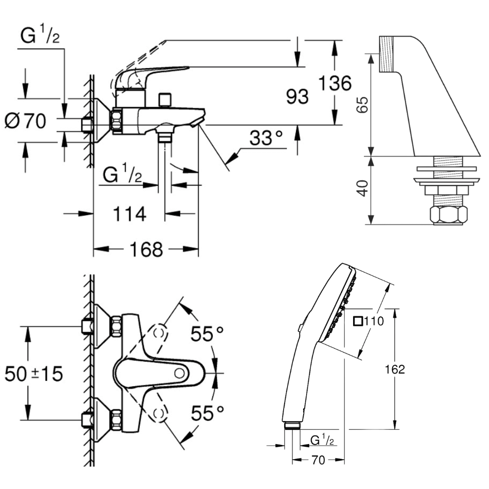 dimensions du Pack mitigeur bain douche mécanique GROHE Swift + douchette ronde  2 jets + flexible