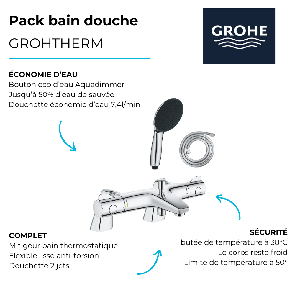 avantages du Pack mitigeur bain douche thermostatique GROHE Grohtherm 800 + douchette ronde 2 jets + flexible avec support