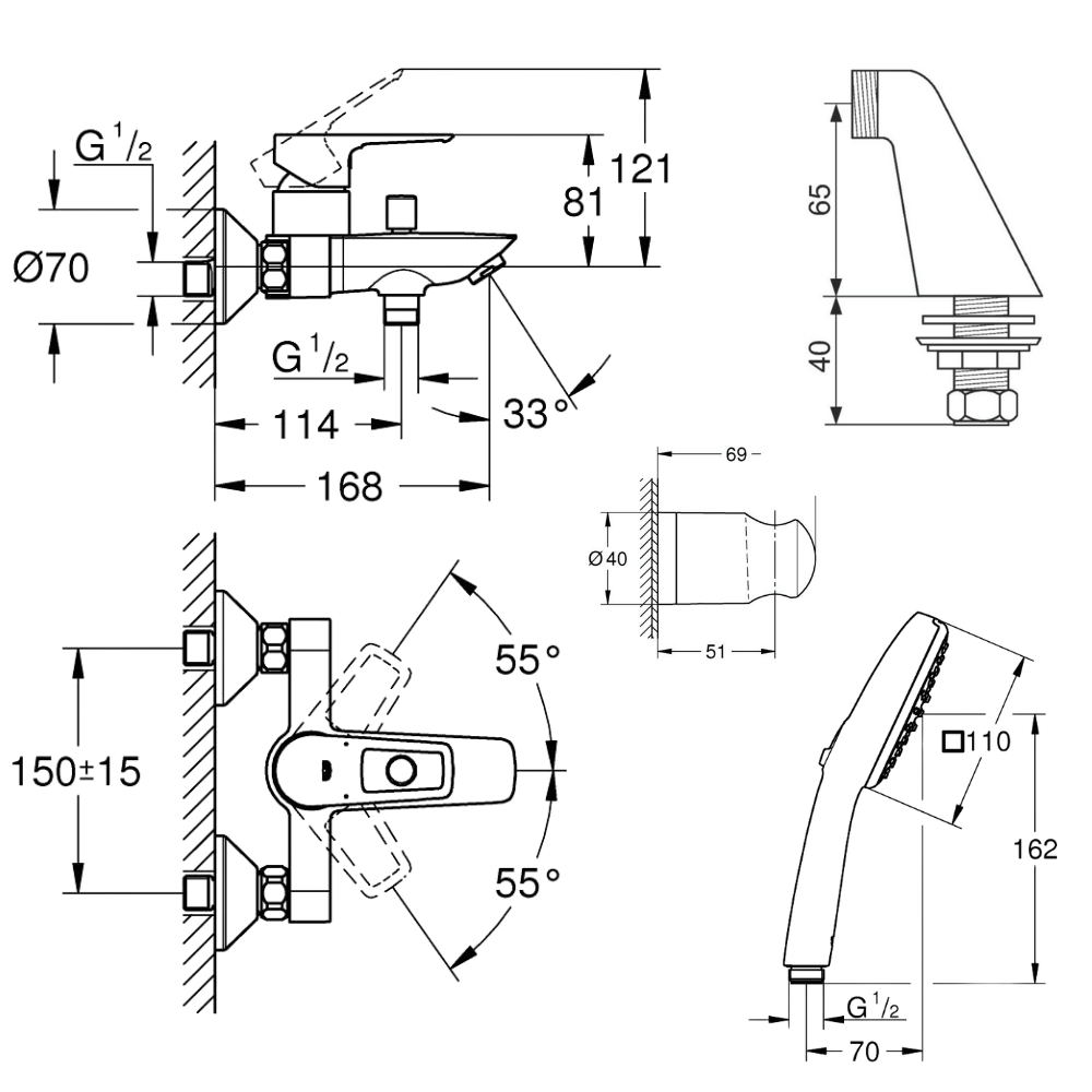 Pack mitigeur bain douche mécanique GROHE Start Loop + douchette carré  2 jets + flexible + support | Batinea