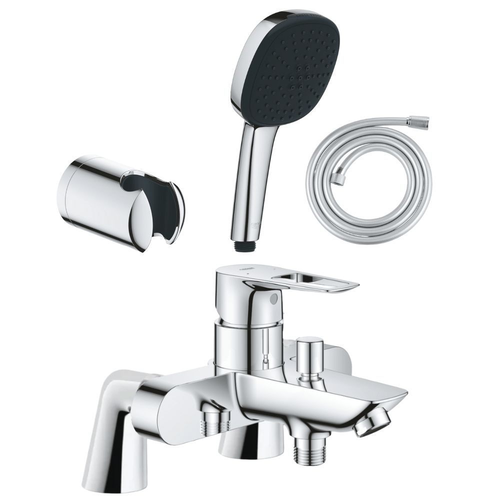 Pack mitigeur bain douche mécanique GROHE Start Loop + douchette carré  2 jets + flexible et support