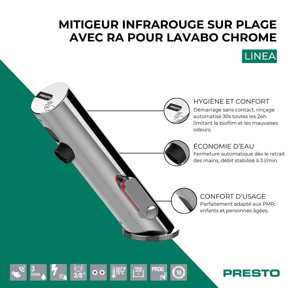Points forts Mitigeur infrarouge sur plage avec robinet d'arrêt pour lavabo PRESTO Linea chromé