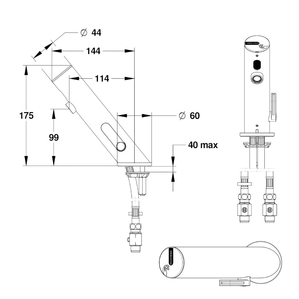Schéma technique Mitigeur infrarouge sur plage avec robinet d'arrêt pour lavabo PRESTO Linea chromé