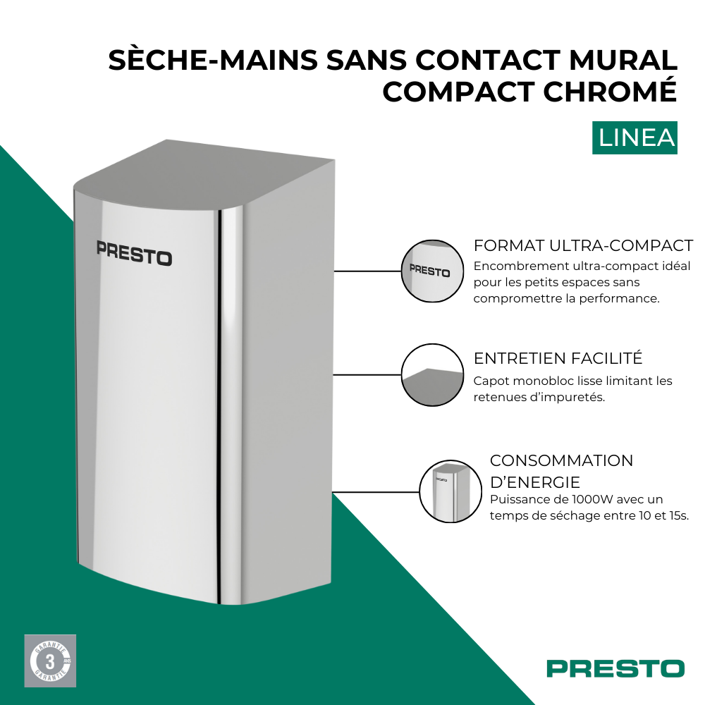 Points forts Sèche-mains sans contact mural compact PRESTO Linea chromé