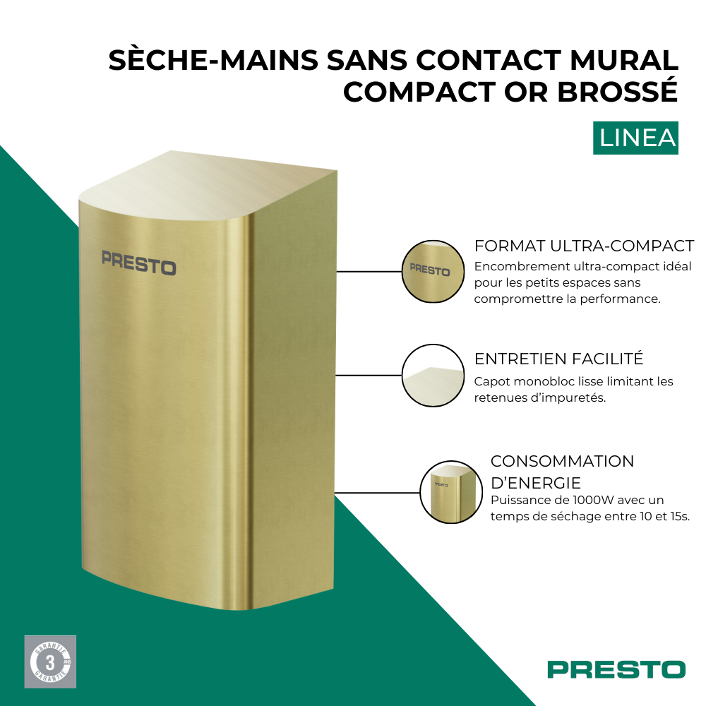Points forts Sèche-mains sans contact mural compact PRESTO Linea or brossé