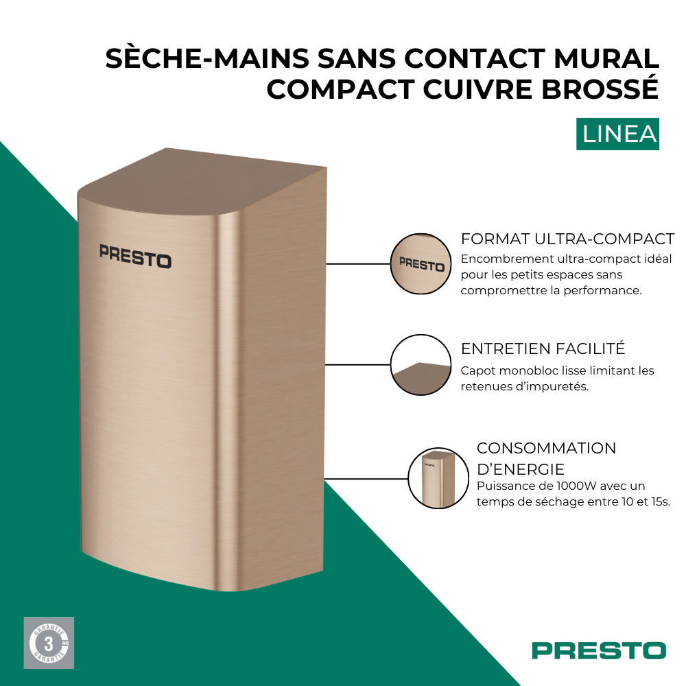 Points forts Sèche-mains sans contact mural compact PRESTO Linea cuivre brossé