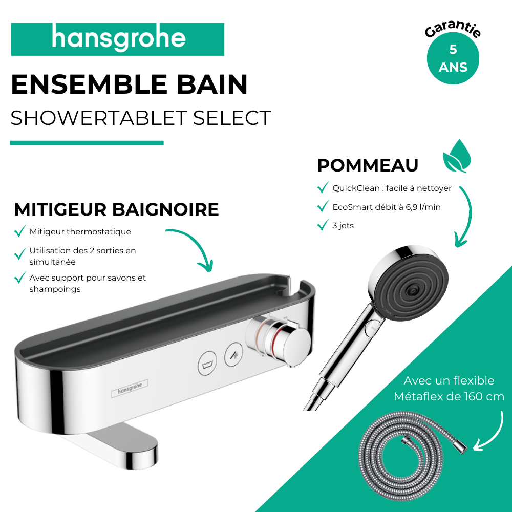 Pack mitigeur bain douche thermostatique HANSGROHE ShowerTablet Select + Flexible + Pommeau de douche Pulsify Select 3 jets Chro