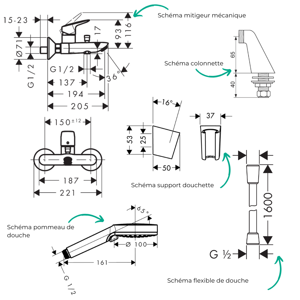 Pack mitigeur bain mécanique HANSGROHE Logis + Pommeau Crometta EcoSmart + Flexible Isiflex + Support et colonnettes Chromé 7140