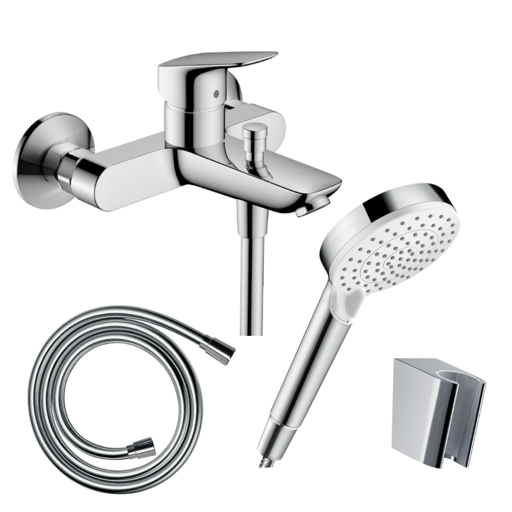 Pack mitigeur bain mécanique mural HANSGROHE Logis + Pommeau Crometta EcoSmart + Flexible Isiflex + Support Chromé