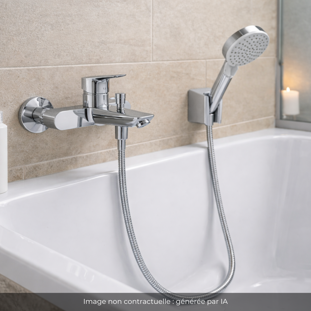 Ambiance Pack mitigeur bain mécanique mural HANSGROHE Logis + Pommeau Crometta EcoSmart + Flexible Isiflex + Support Chromé