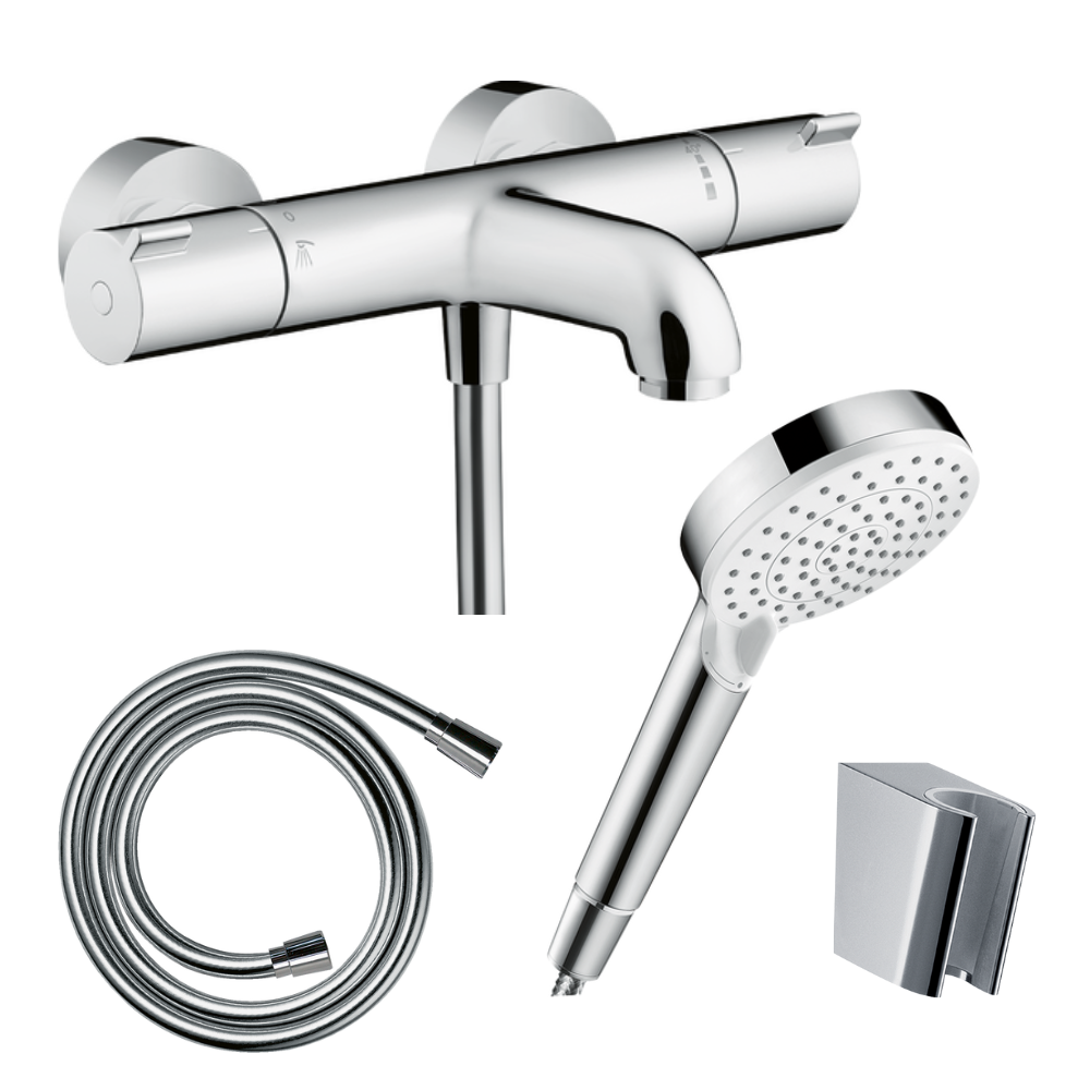 Pack mitigeur bain thermostatique HANSGROHE Ecostat 1001 + Pommeau Crometta EcoSmart + Flexible Isiflex + Support Chromé