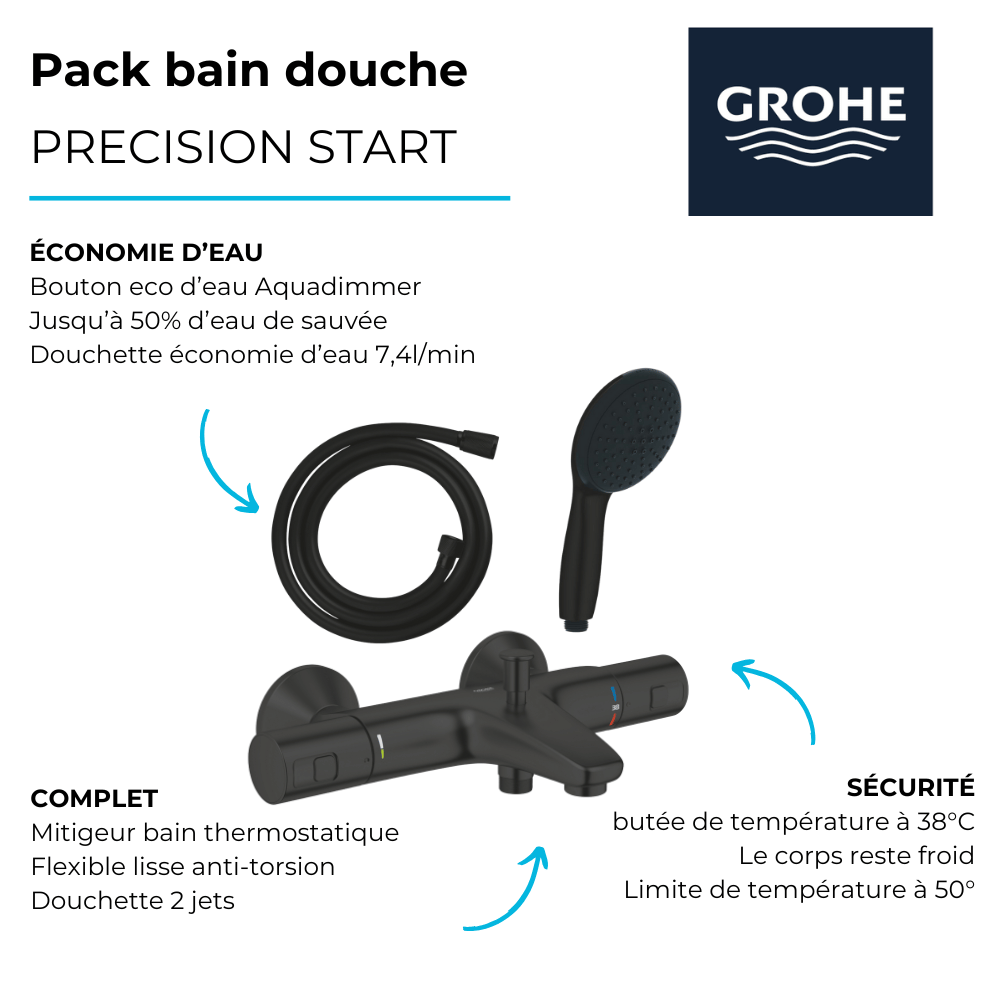 Pack mitigeur thermostatique bain douche GROHE Precision Start noir mat + Douchette 2 jets Vitalio Start 110 et flexible | Batin